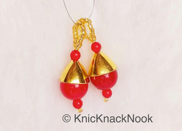 Red Bead Tassels Latkan, Indian Antique Distressed Latkans, Gold Beaded Danglers